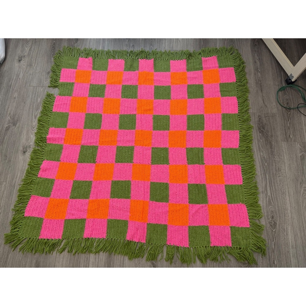 Handmade Crochet Granny Square Throw Blanket Pink Orange Green Fringe Boho Retro